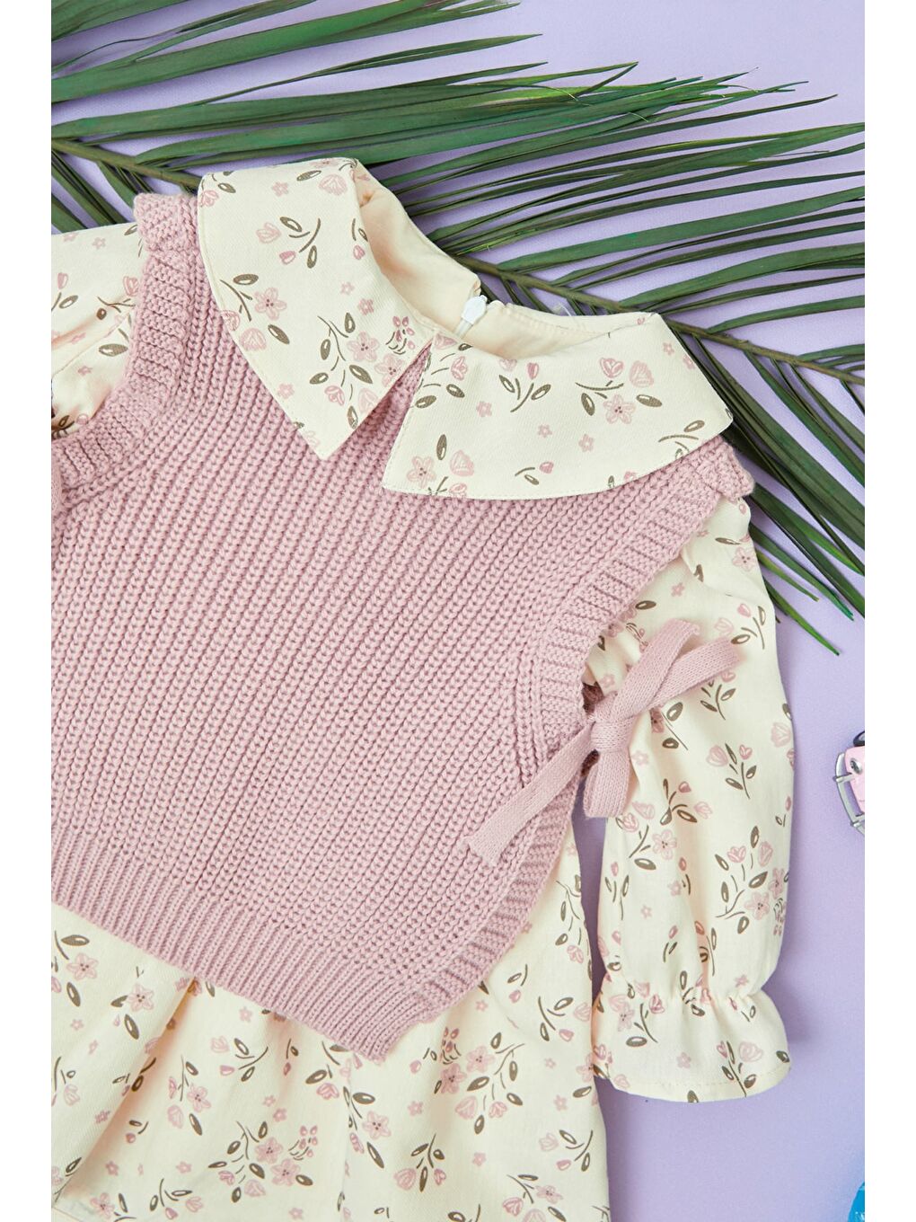 Pembe Çiçekli Triko Süveterli Kız Çocuk Elbise-1