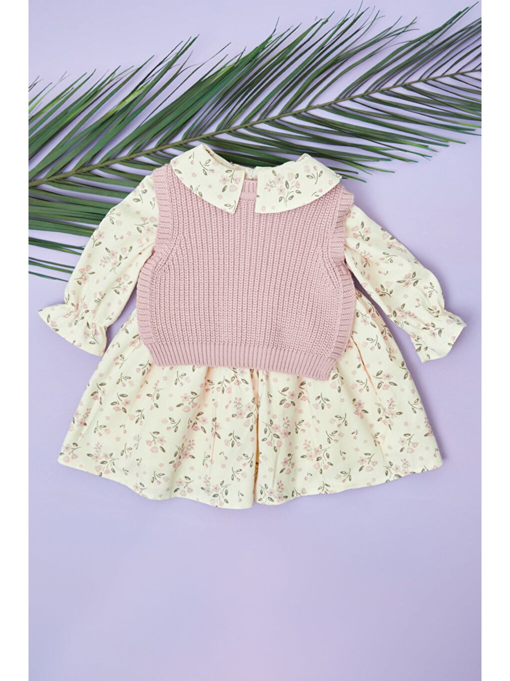 Pembe Çiçekli Triko Süveterli Kız Çocuk Elbise-2