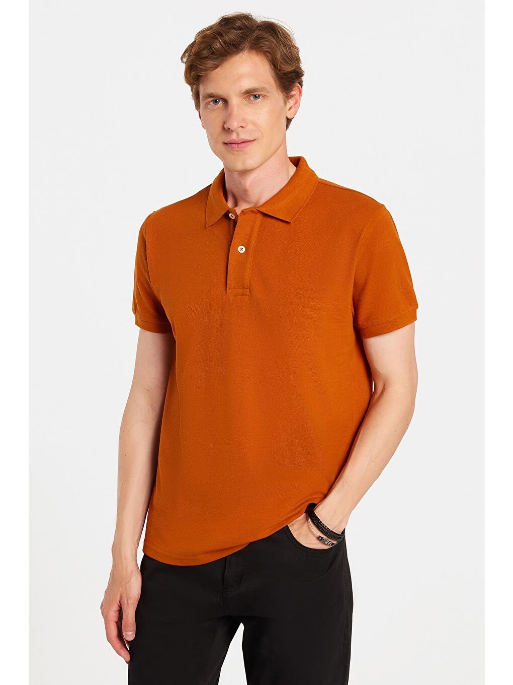 Kahverengi Erkek Slim Fit Dar Kesim %100 Pamuk Kiremit Polo Yaka Tişört
