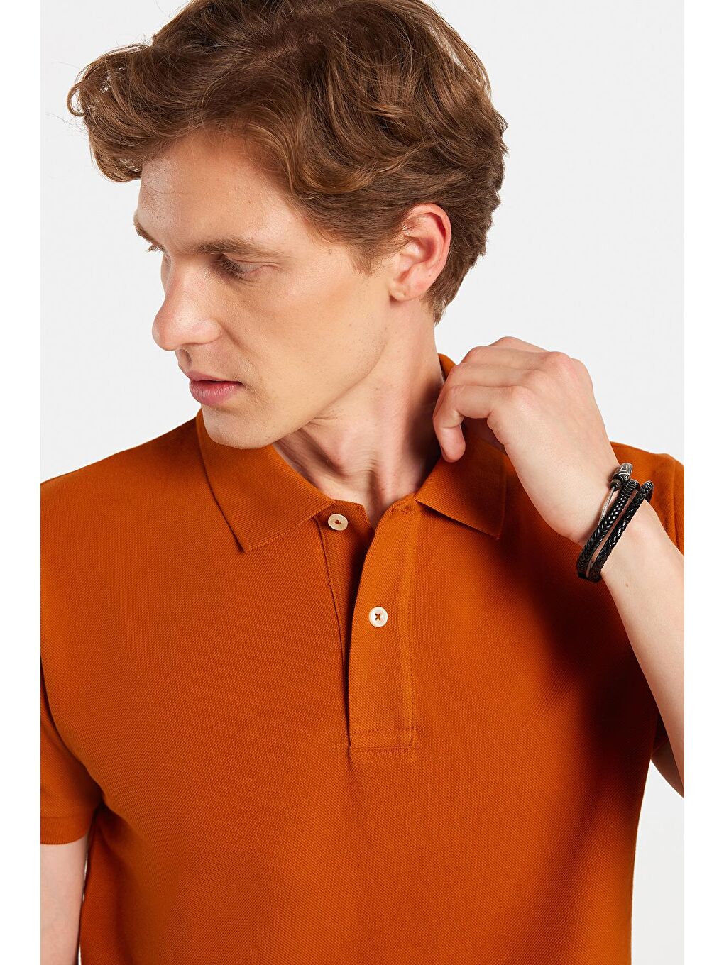 Kahverengi Erkek Slim Fit Dar Kesim %100 Pamuk Kiremit Polo Yaka Tişört-1