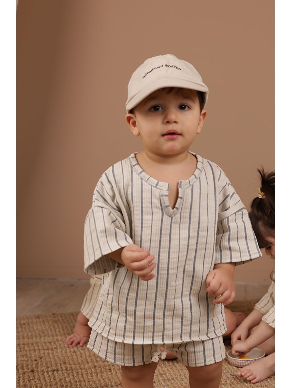 Lacivert İndigo Çizgili Şort Takım-3