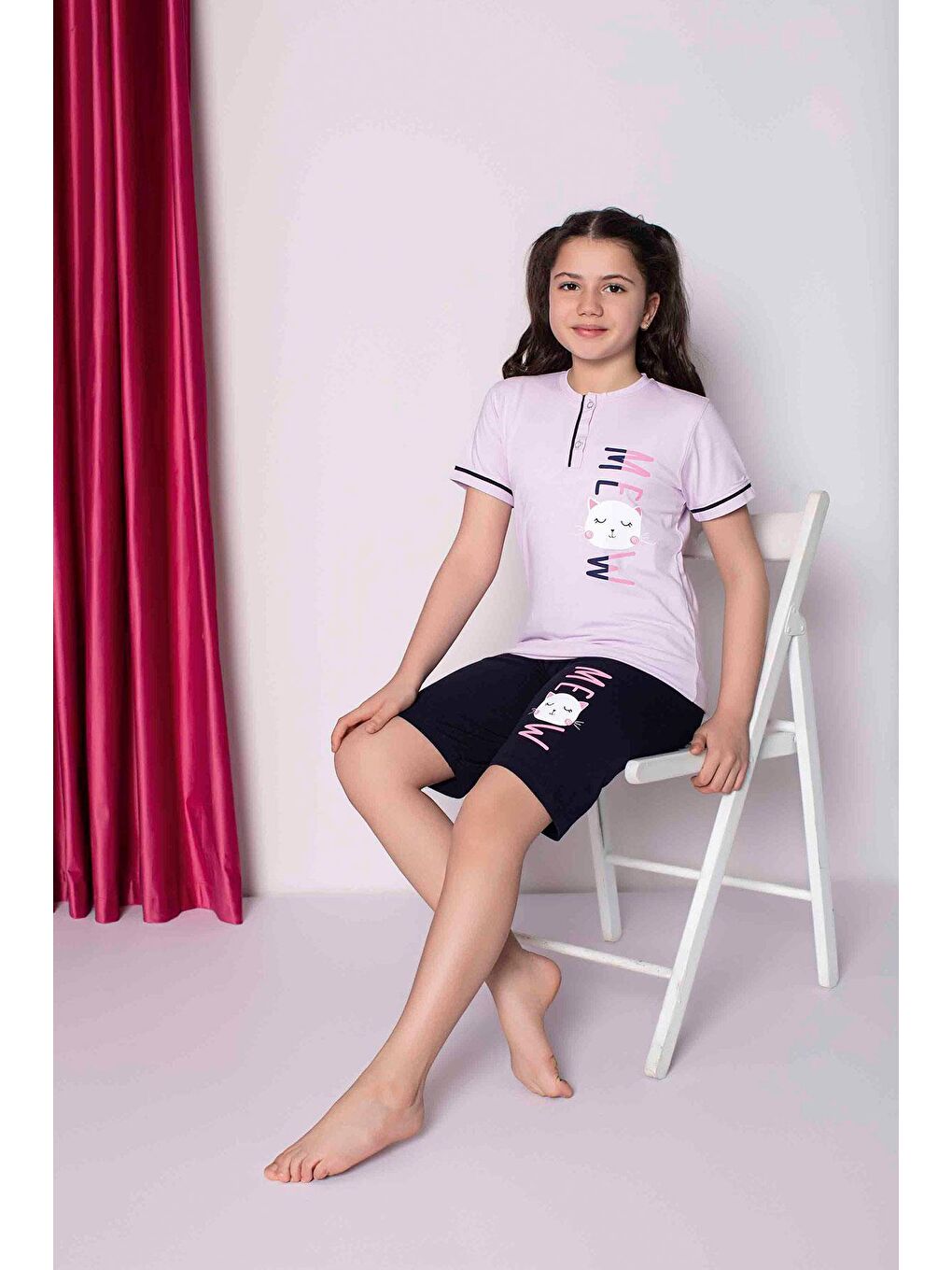 Kız Çocuk Penye Kısa Kollu Kaprili Pijama Takımı | Lila 2667-1