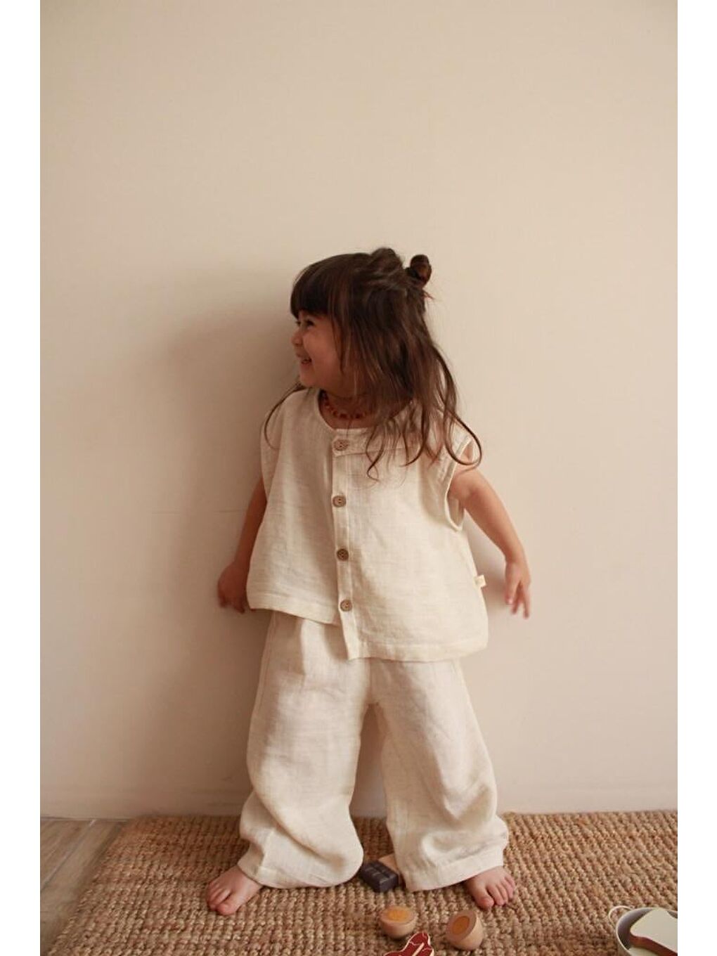 Bej Asimetrik Yelekli Keten Alt Üst Takım