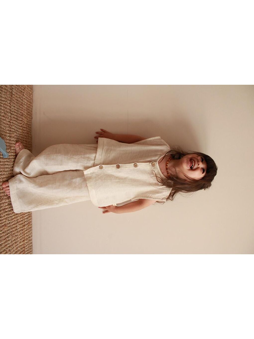 Bej Asimetrik Yelekli Keten Alt Üst Takım-2