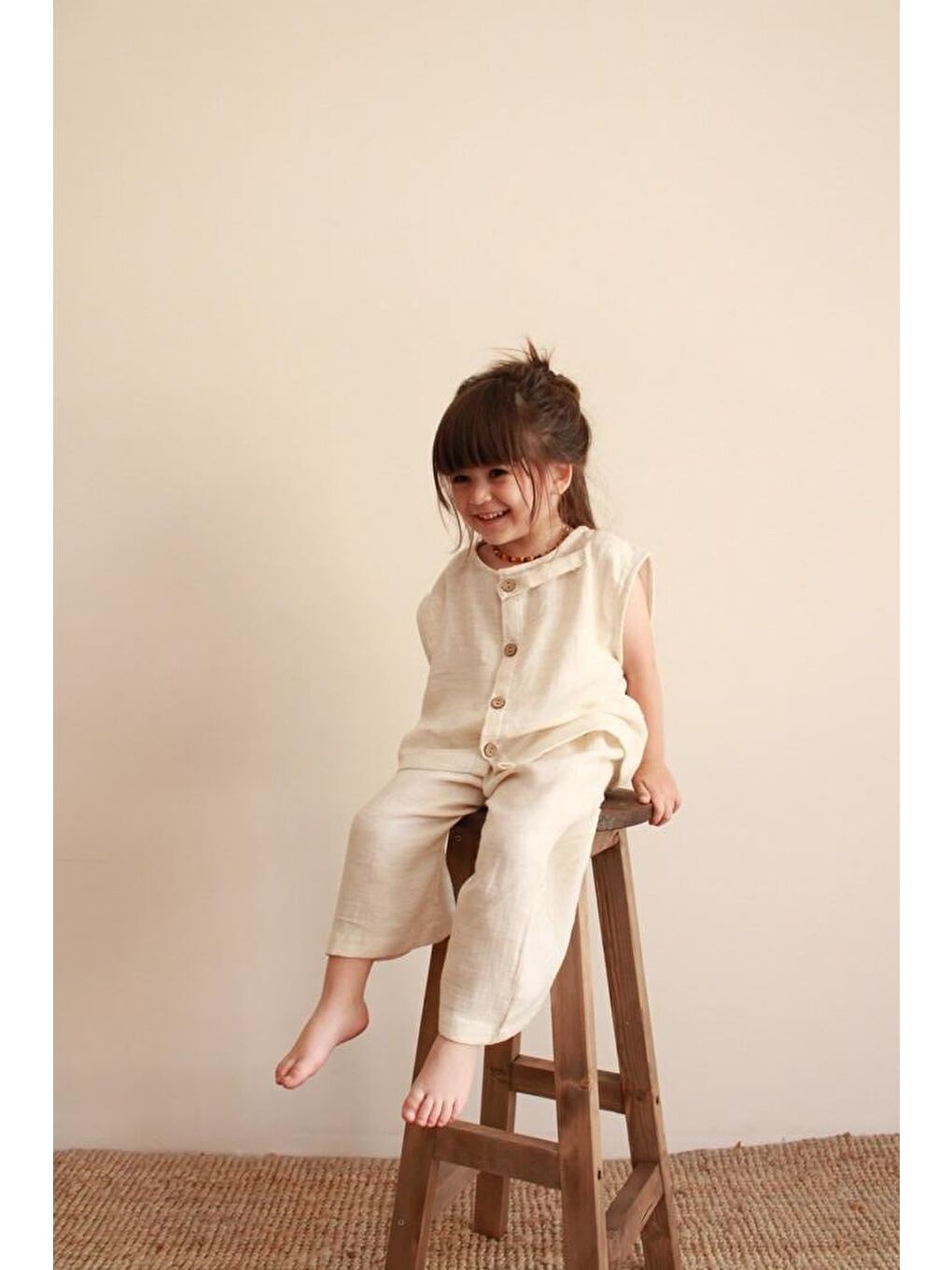 Bej Asimetrik Yelekli Keten Alt Üst Takım-7