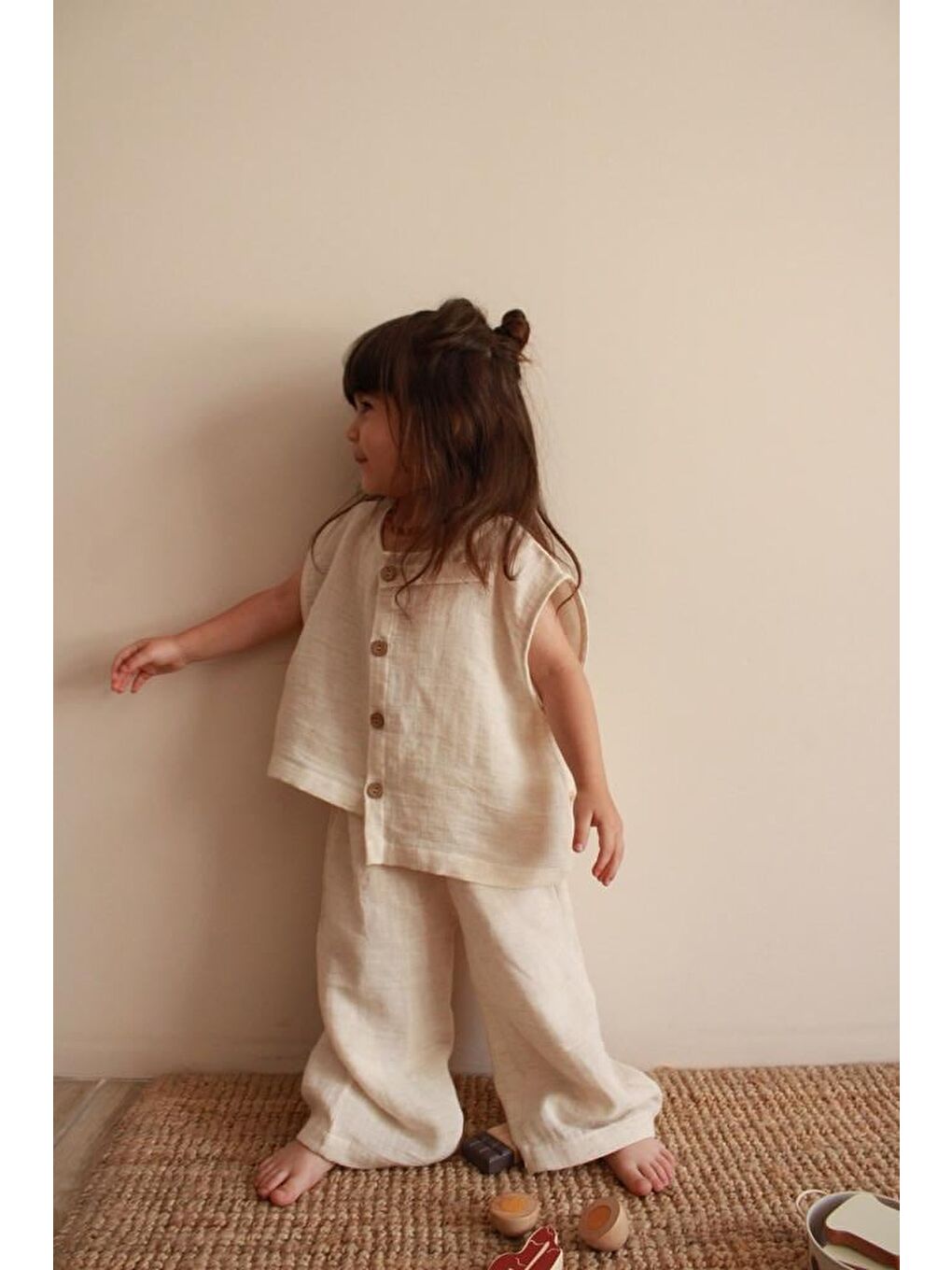 Bej Asimetrik Yelekli Keten Alt Üst Takım-8