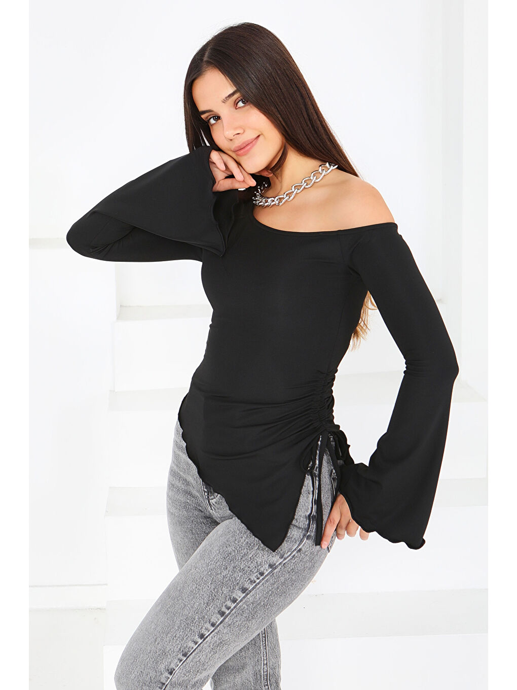 Asimetrik Dalgıç Bluz Siyah - 27819-SIYAH-1