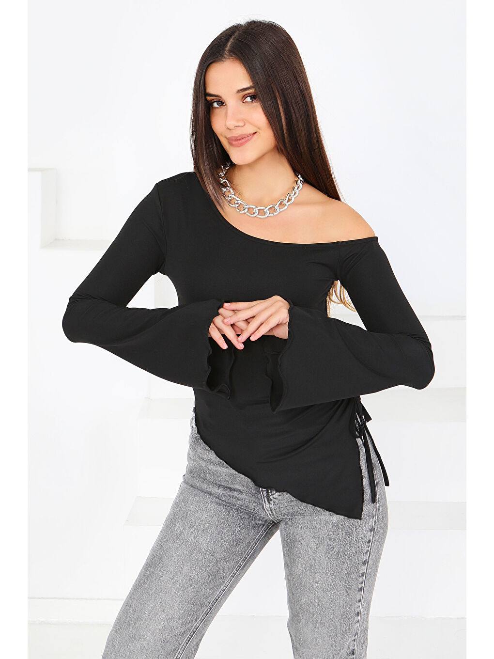 Asimetrik Dalgıç Bluz Siyah - 27819-SIYAH-2