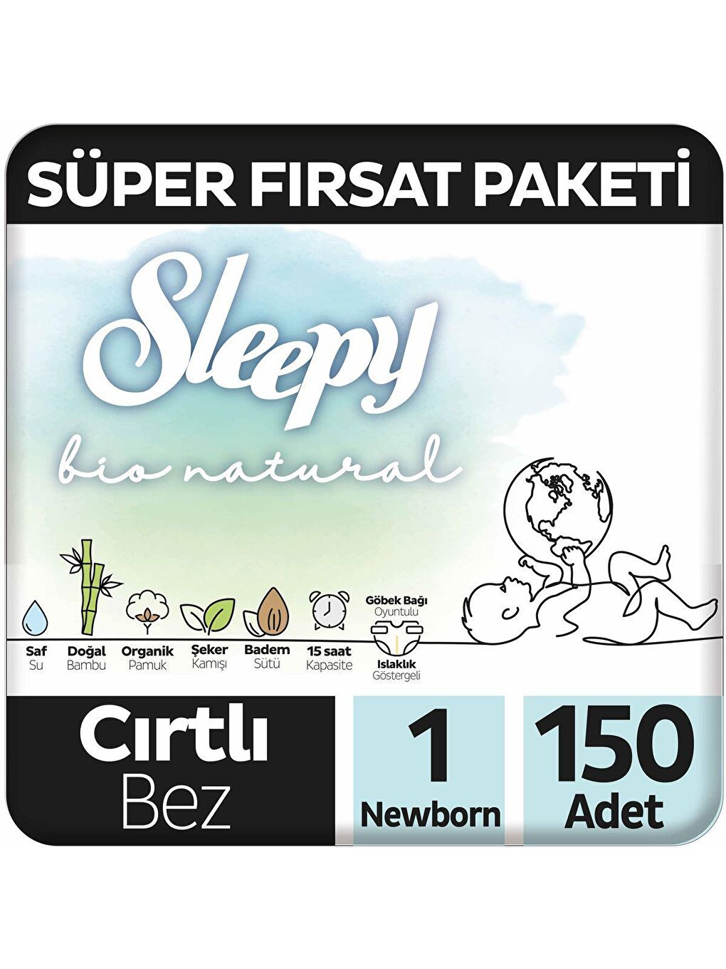 Sleepy Beyaz Bio Natural Süper Fırsat Paketi Bebek Bezi 1 Numara Newborn 150 Adet