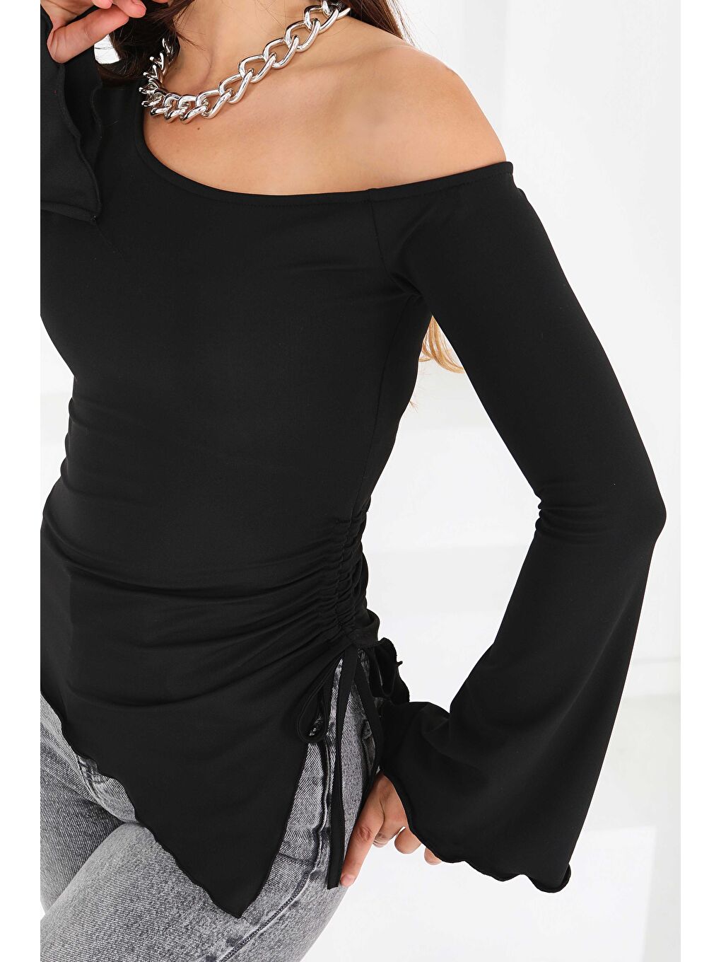 Asimetrik Dalgıç Bluz Siyah - 27819-SIYAH-3