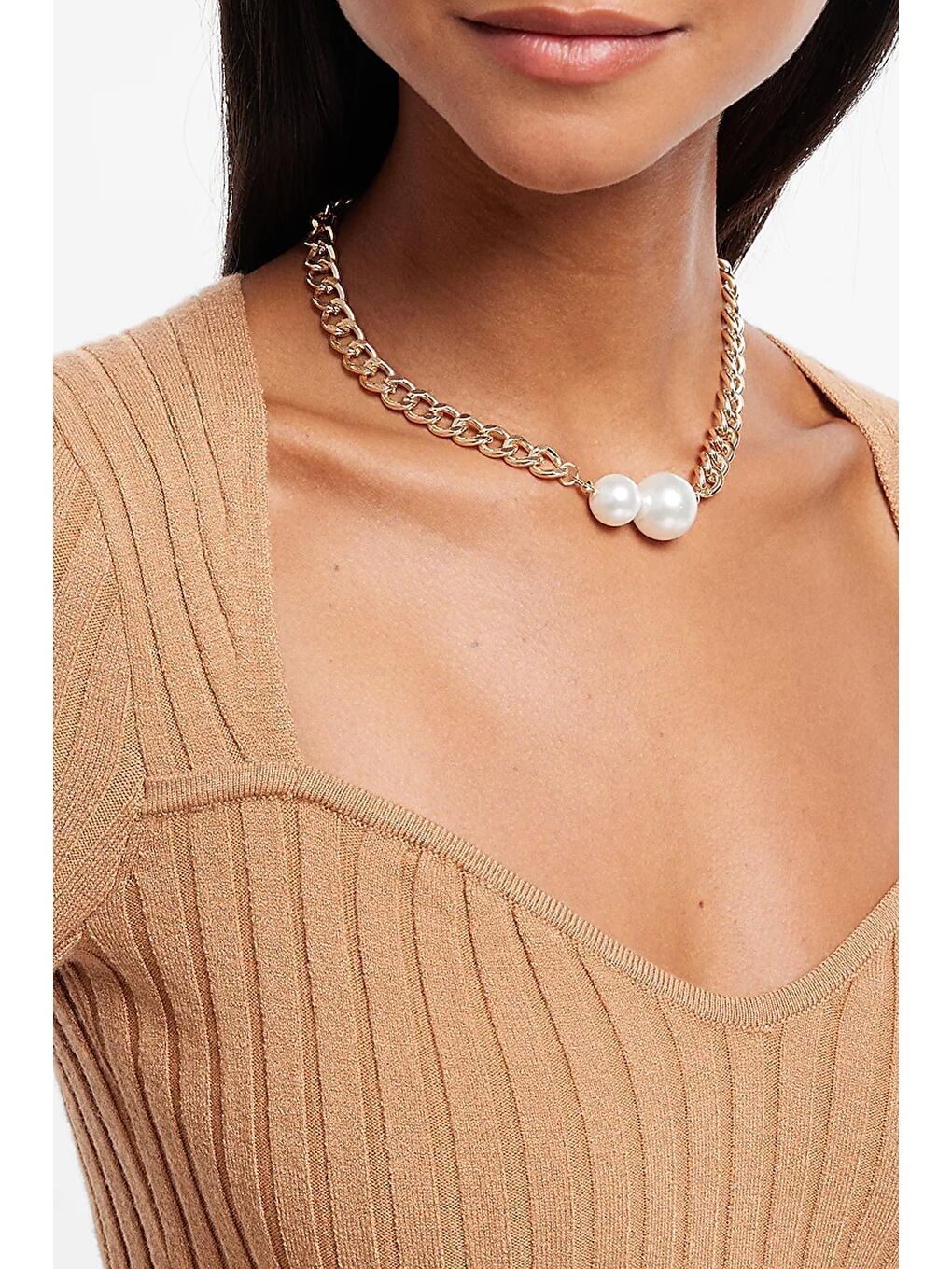 New Obsessions Sarı İki İncili Kalın Zincir Choker Kolye - 1