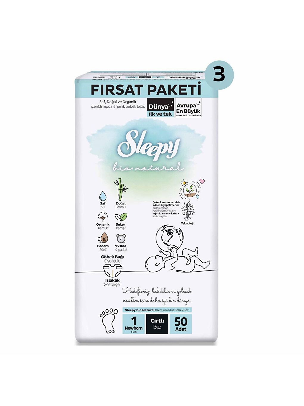 Sleepy Beyaz Bio Natural Süper Fırsat Paketi Bebek Bezi 1 Numara Newborn 150 Adet - 1