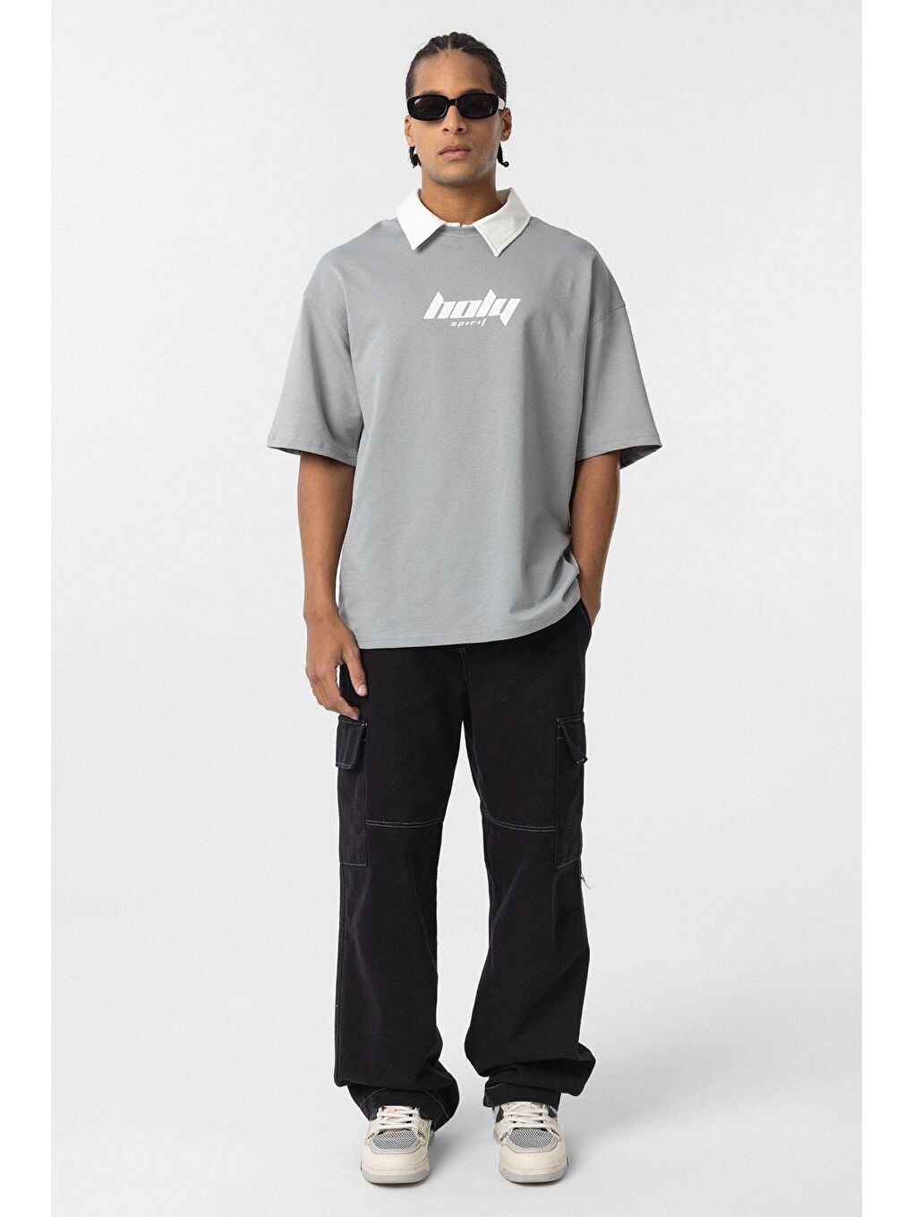 Polo Yaka Oversize Baskılı Tişört Gri