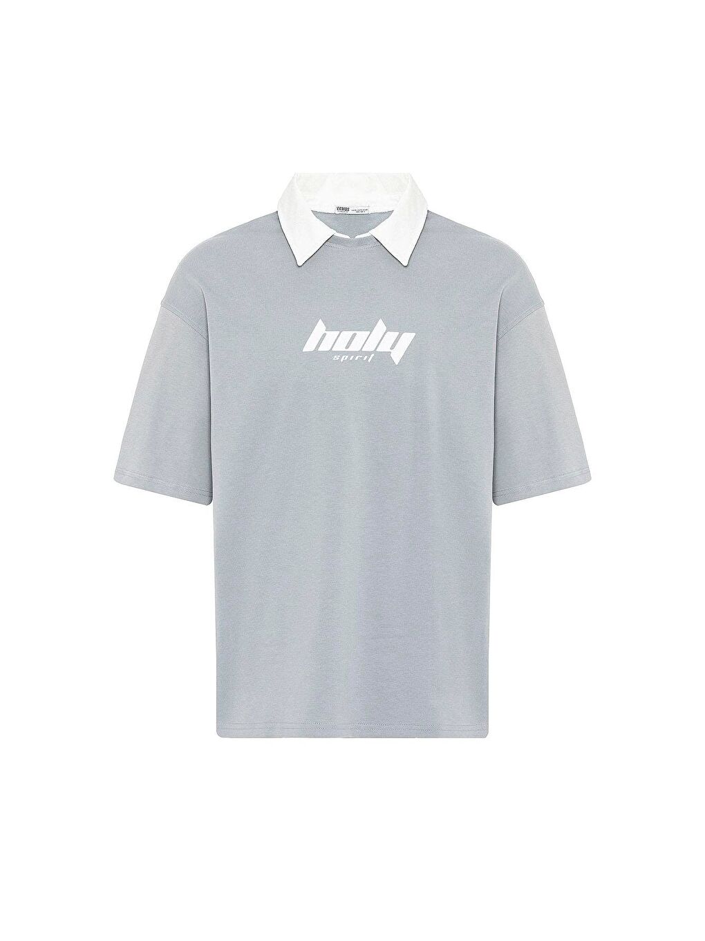Polo Yaka Oversize Baskılı Tişört Gri-1