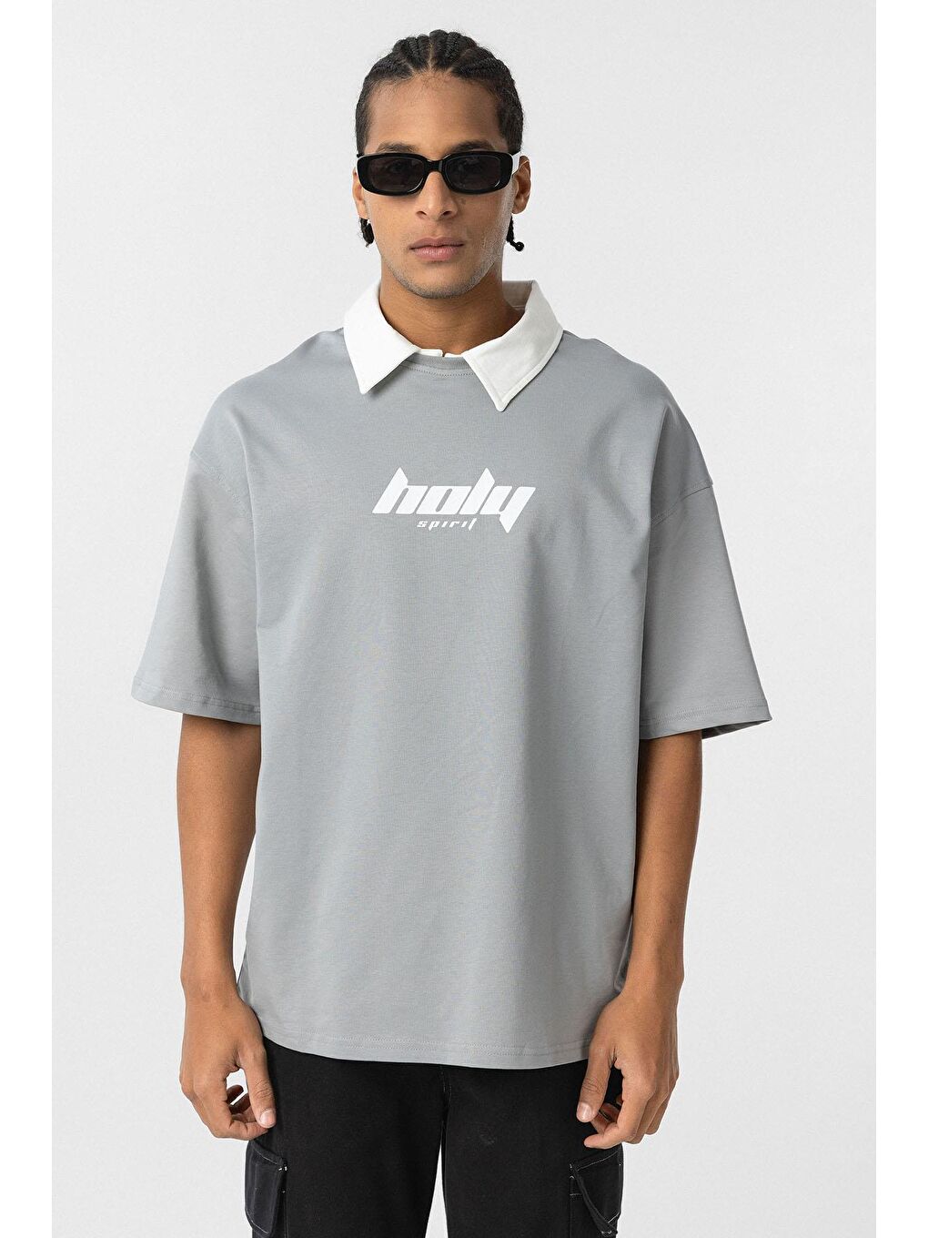 Polo Yaka Oversize Baskılı Tişört Gri-2