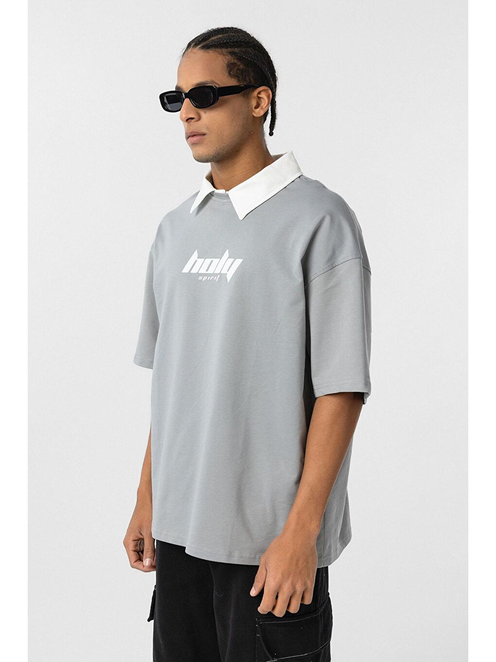 Polo Yaka Oversize Baskılı Tişört Gri-3