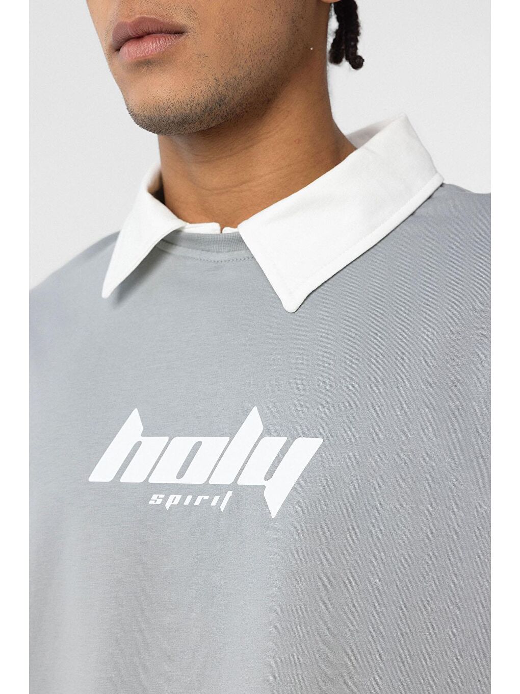 Polo Yaka Oversize Baskılı Tişört Gri-4