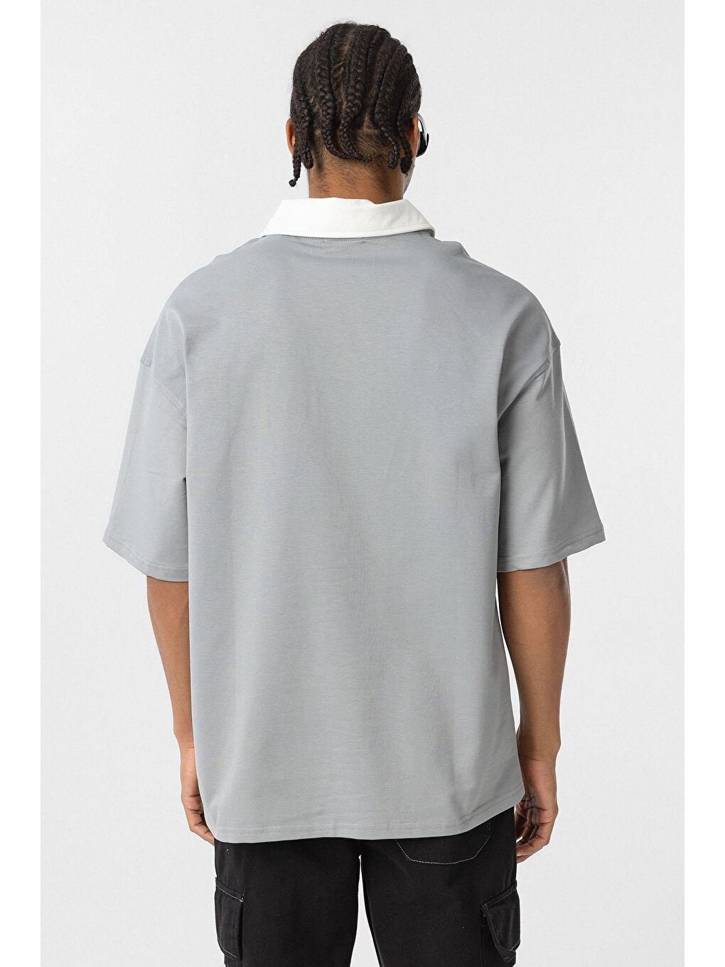 Polo Yaka Oversize Baskılı Tişört Gri-5