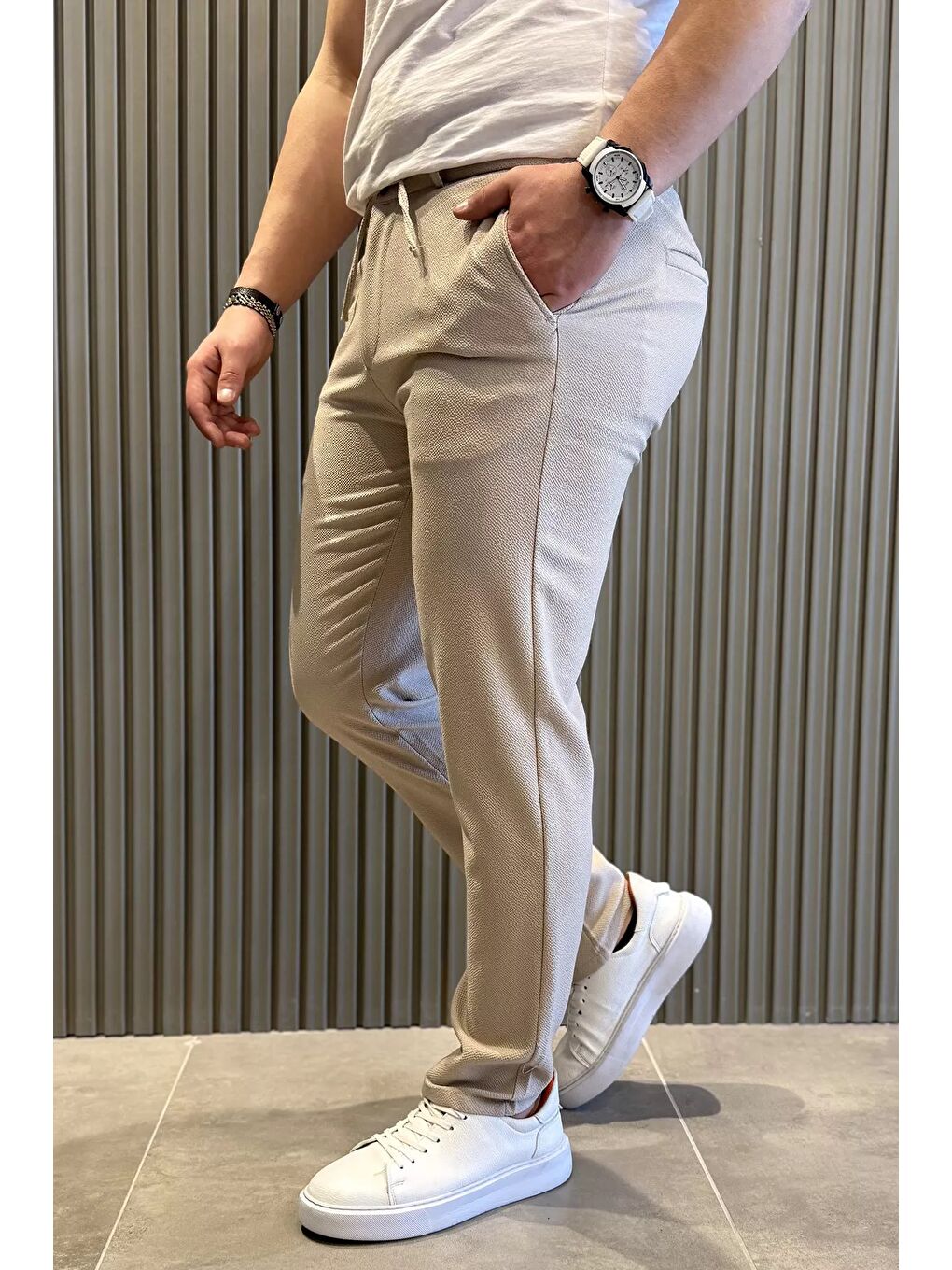 Bej Bel Lastikli Fermuarlı Erkek Jogger Pantolon-1