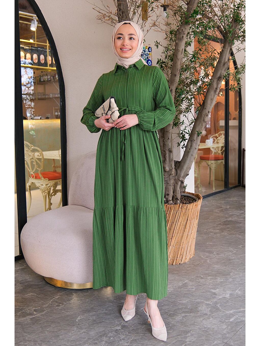 Bel Büzgülü Elbise Yeşil