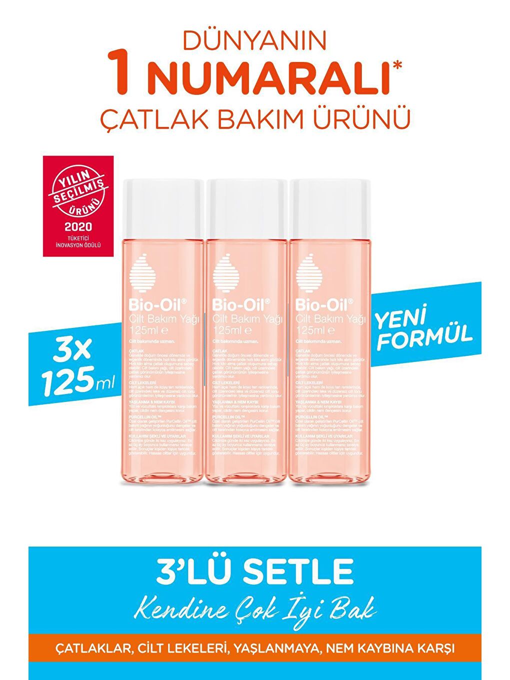 BIO OIL Renksiz Çatlak Karşıtı & Nemlendirici Cilt Bakım Yağı 125 ml (3'lü paket) - YENİ FORMÜL