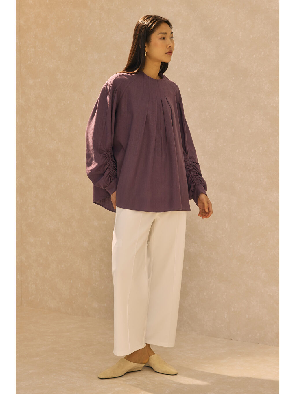 Mor Kol Büzgülü Pamuk Keten Tunik Retro Violet