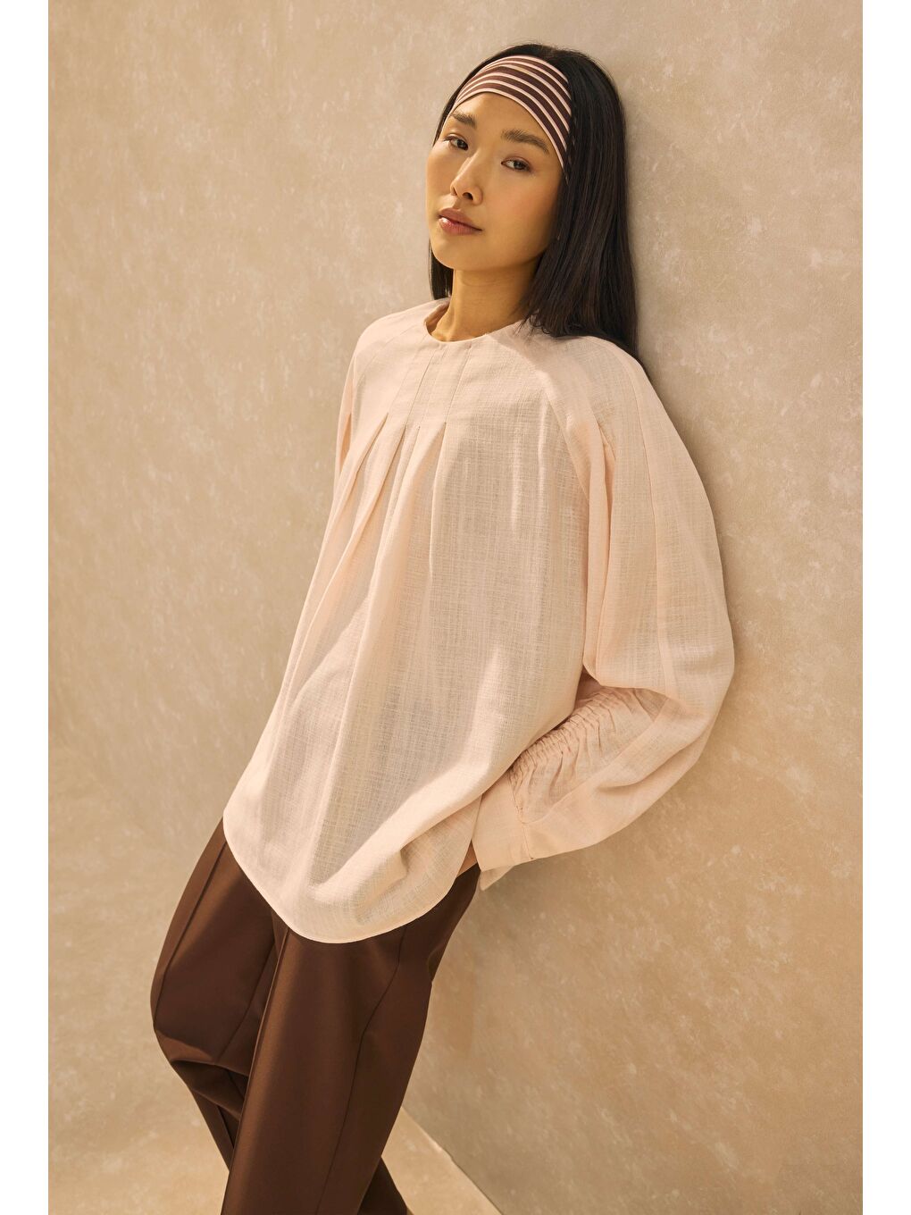 Kol Büzgülü Pamuk Keten Tunik Soft Pembe