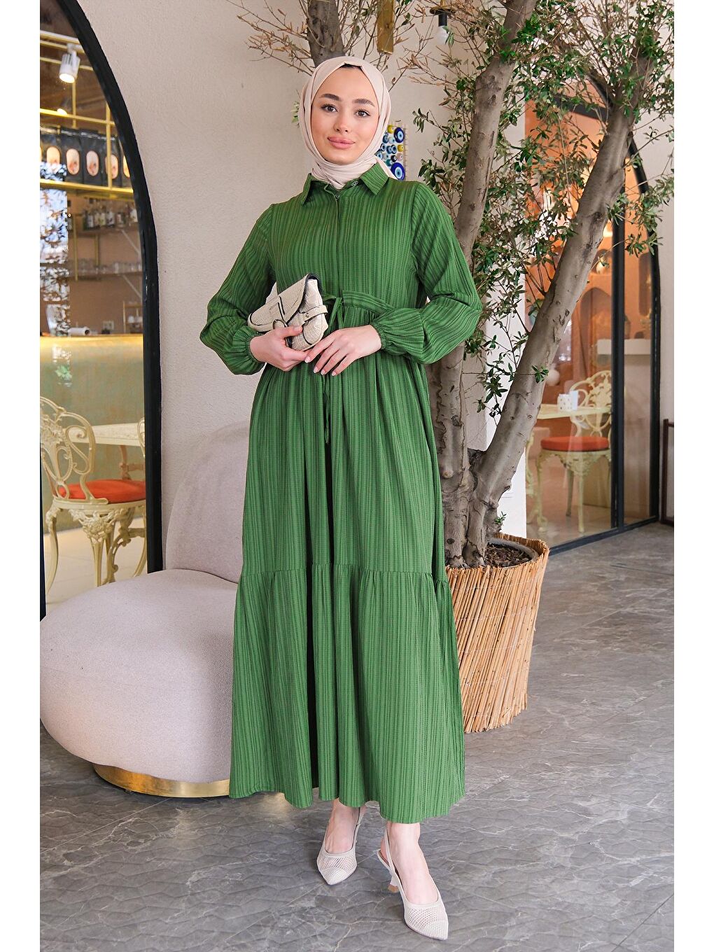 Bel Büzgülü Elbise Yeşil-3
