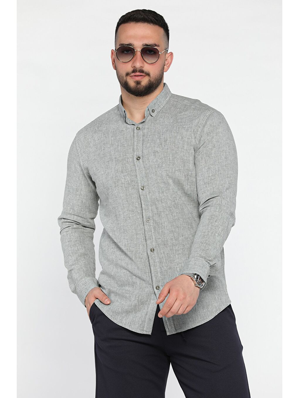 Yeşil Uzun Kol Erkek Keten Gömlek-1