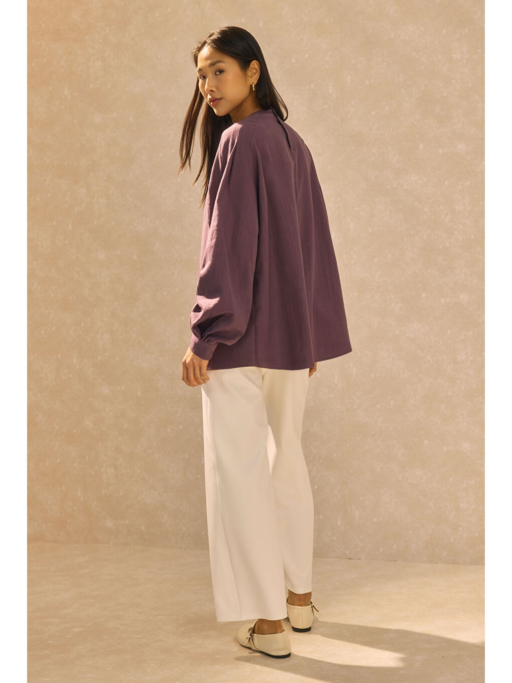 Mor Kol Büzgülü Pamuk Keten Tunik Retro Violet-1