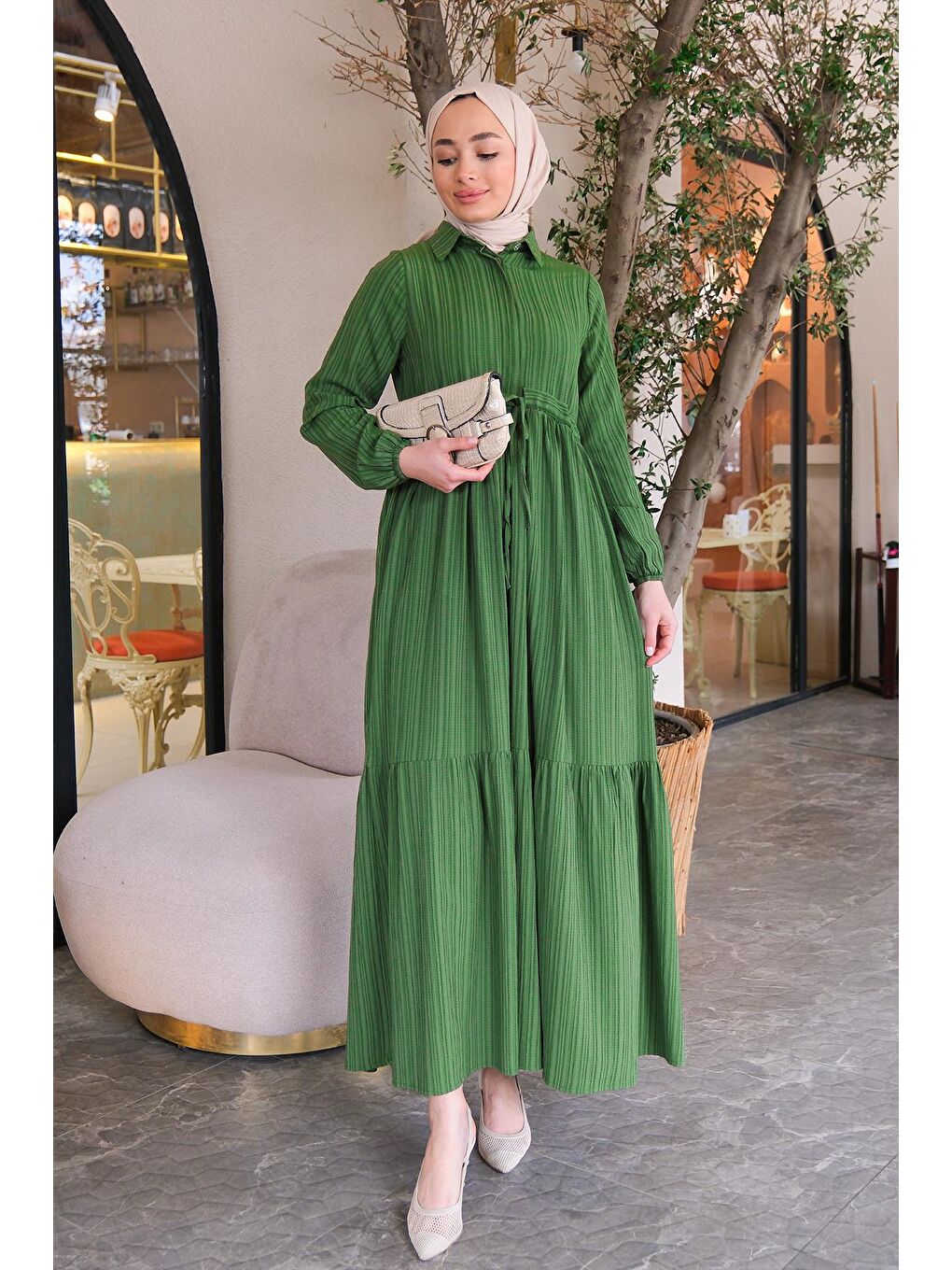 Bel Büzgülü Elbise Yeşil-4