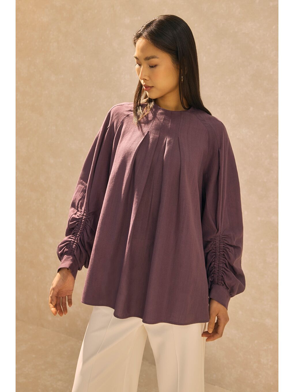 Mor Kol Büzgülü Pamuk Keten Tunik Retro Violet-2
