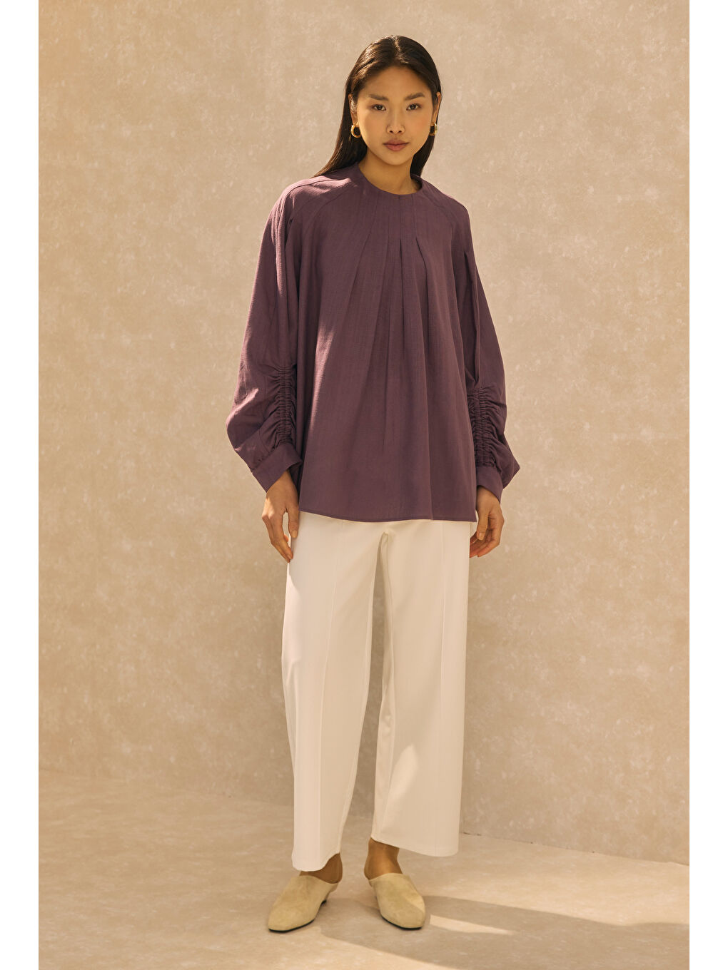 Mor Kol Büzgülü Pamuk Keten Tunik Retro Violet-3