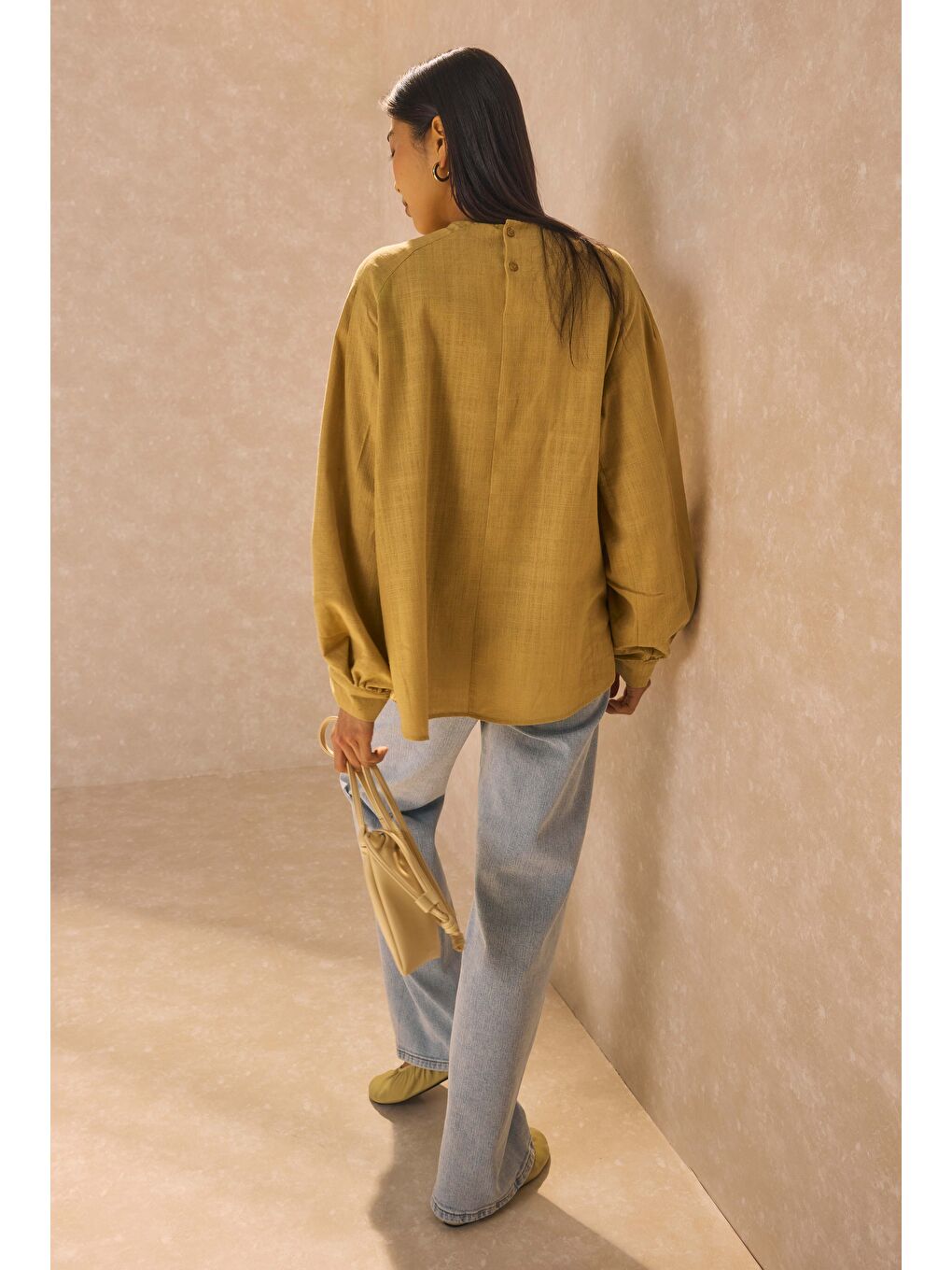 Kahverengi Kol Büzgülü Pamuk Keten Tunik Açık Camel-4