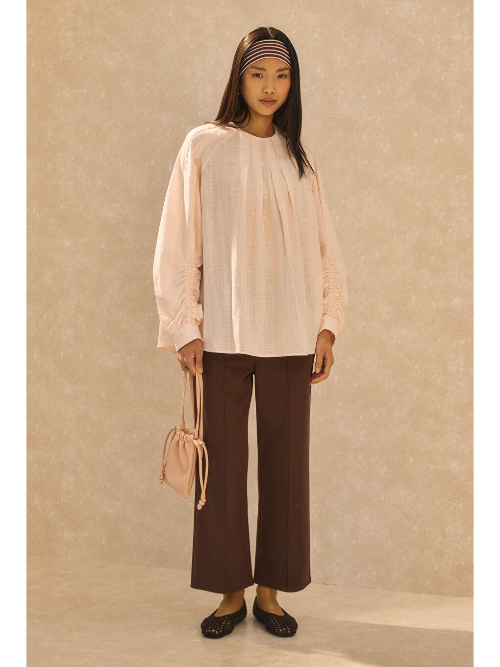 Kol Büzgülü Pamuk Keten Tunik Soft Pembe-2