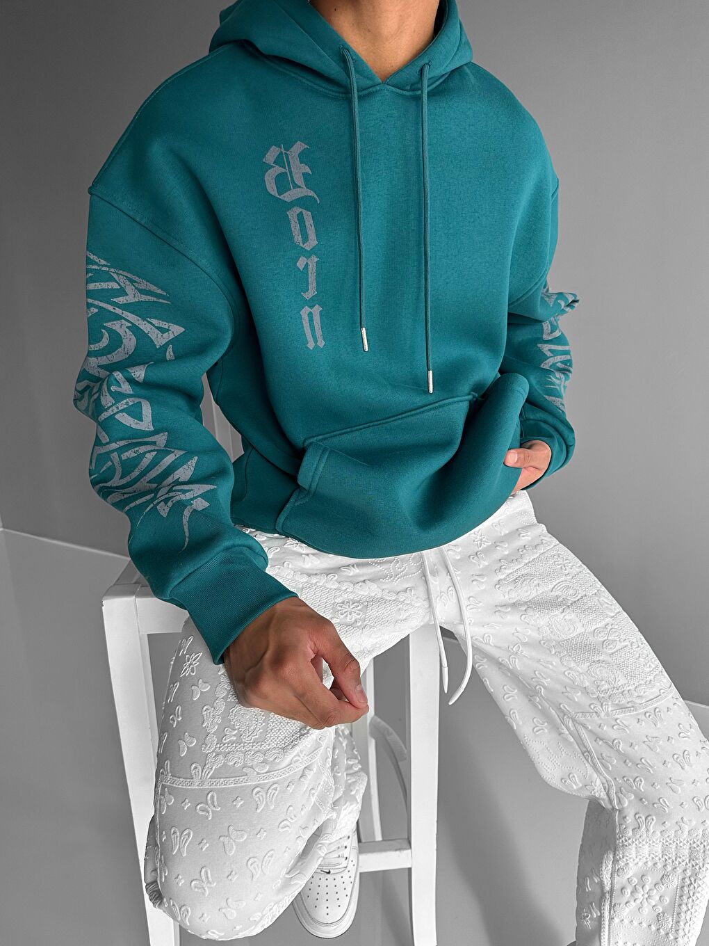 Erkek Oversize 'Again' Baskılı Sweatshirt Yeşil
