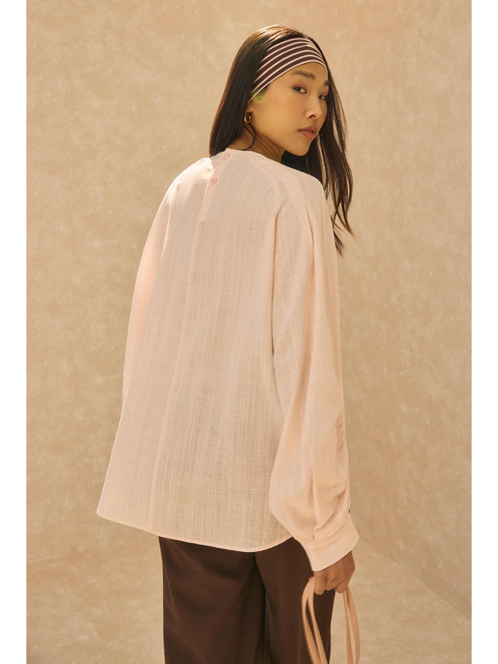 Kol Büzgülü Pamuk Keten Tunik Soft Pembe-3
