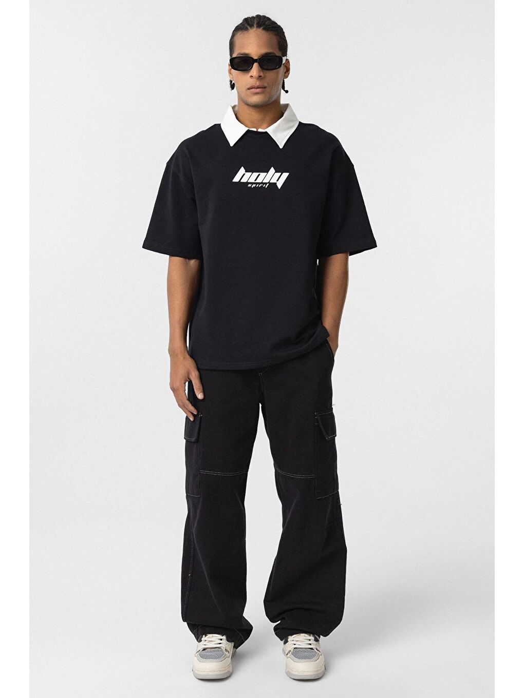 Polo Yaka Oversize Baskılı Tişört Siyah