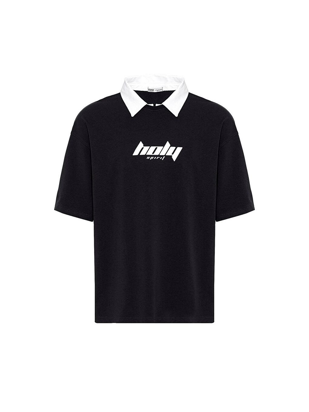 Polo Yaka Oversize Baskılı Tişört Siyah-1