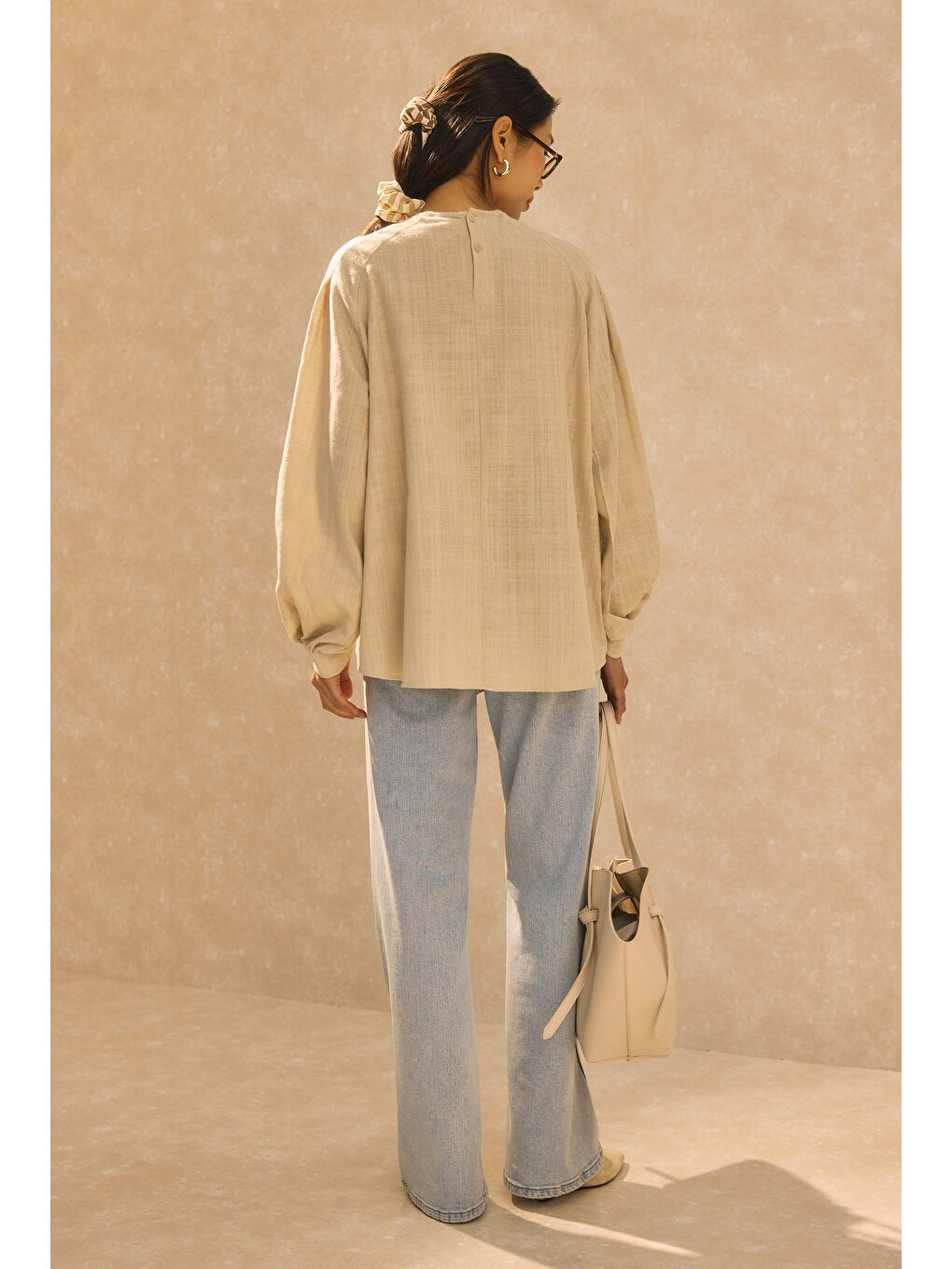 Bej Kol Büzgülü Pamuk Keten Tunik Sedef-3