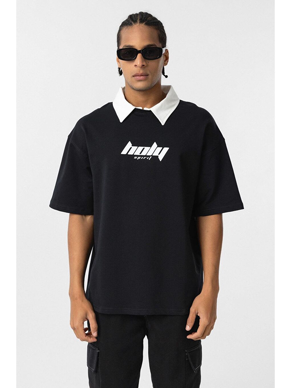 Polo Yaka Oversize Baskılı Tişört Siyah-2