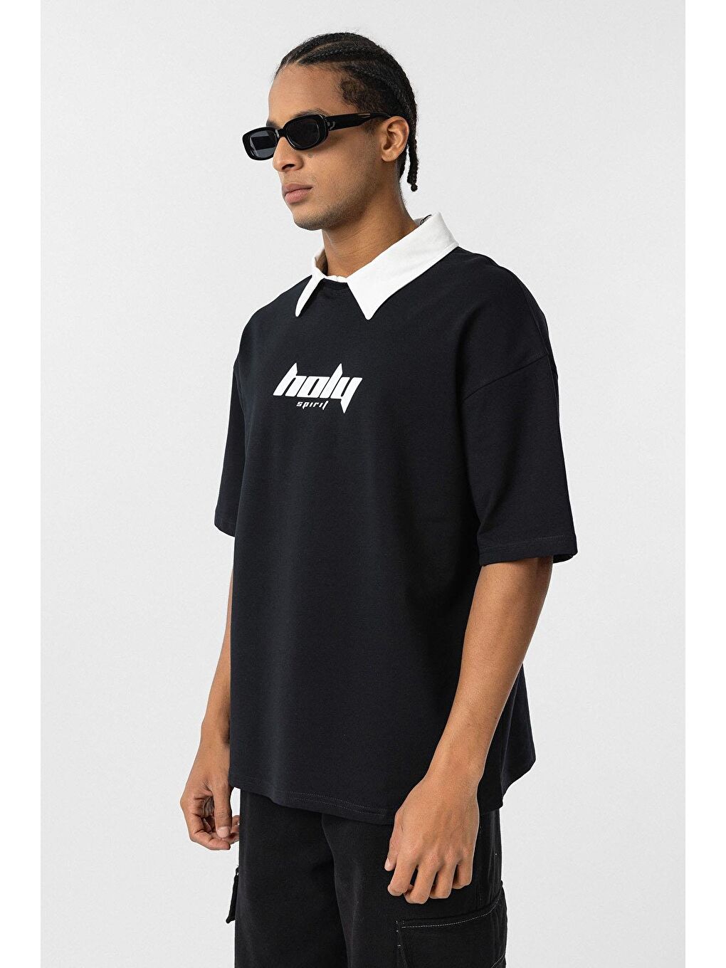 Polo Yaka Oversize Baskılı Tişört Siyah-3