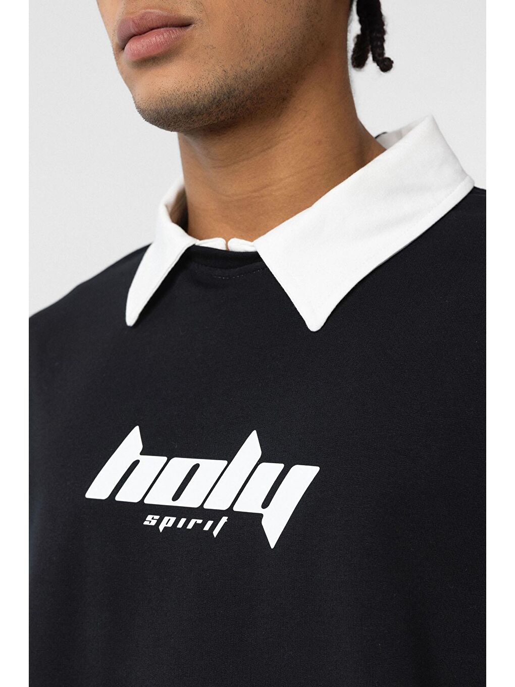 Polo Yaka Oversize Baskılı Tişört Siyah-4