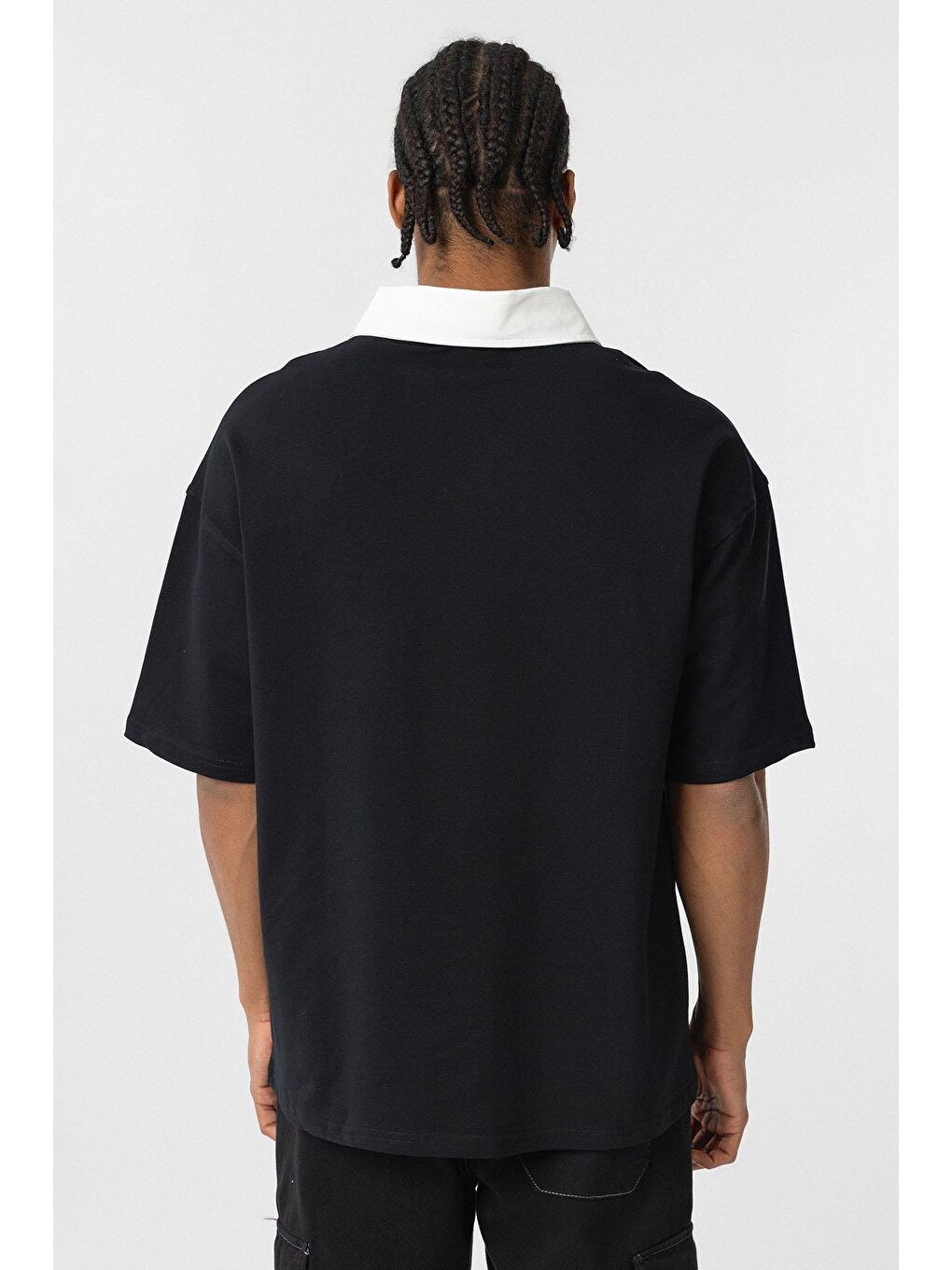Polo Yaka Oversize Baskılı Tişört Siyah-5