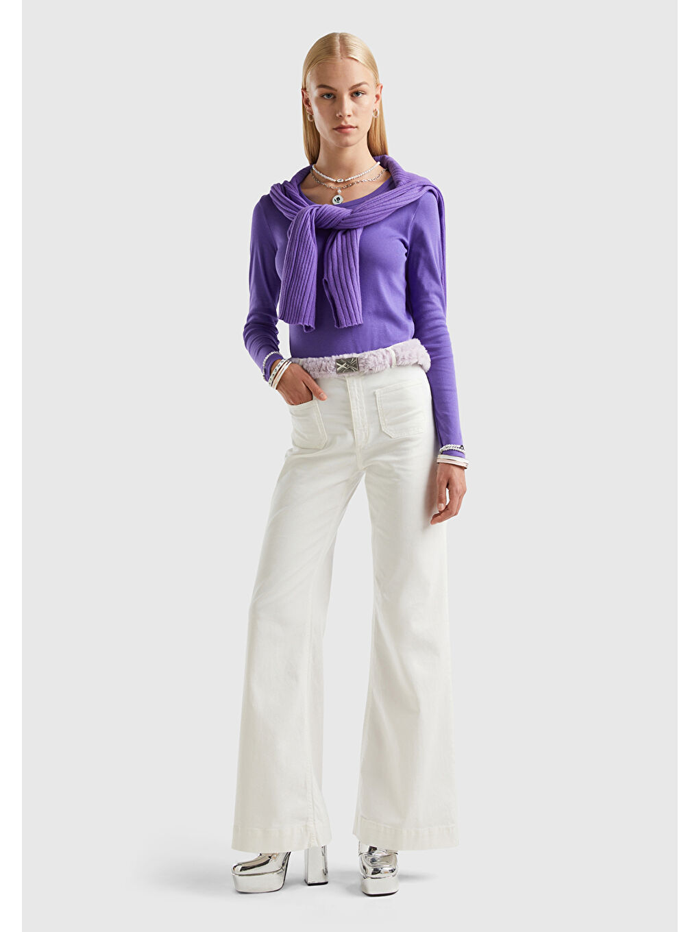 United Colors Of Benetton Ekru Kadın Krem Flared Fit Denim Pantolon - 4