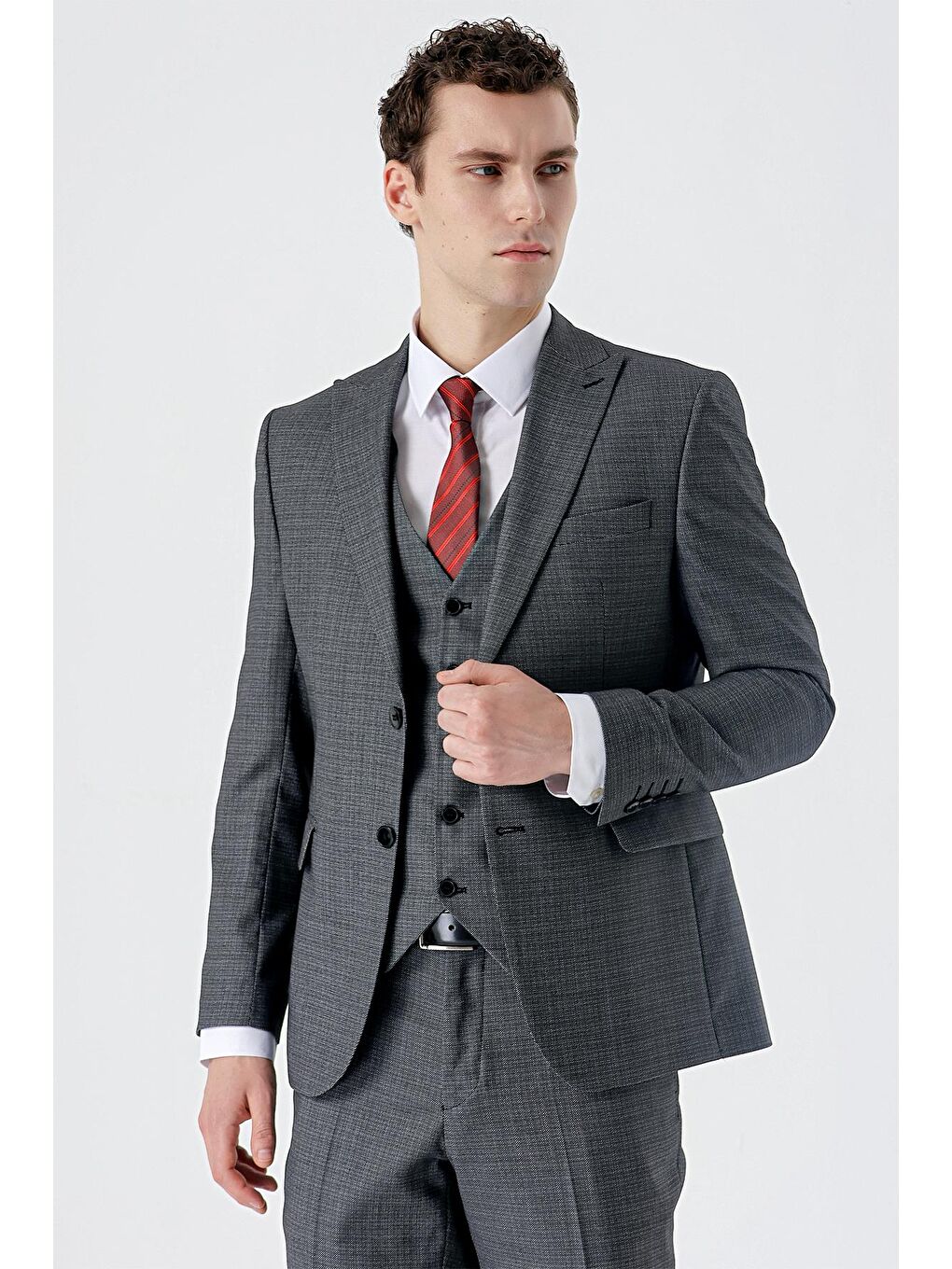 Koyu Antrasit Kırlangıç Yaka Çift Yırtmaç Yelekli 6 Drop Slim Klasik Takım Elbise 1001235177