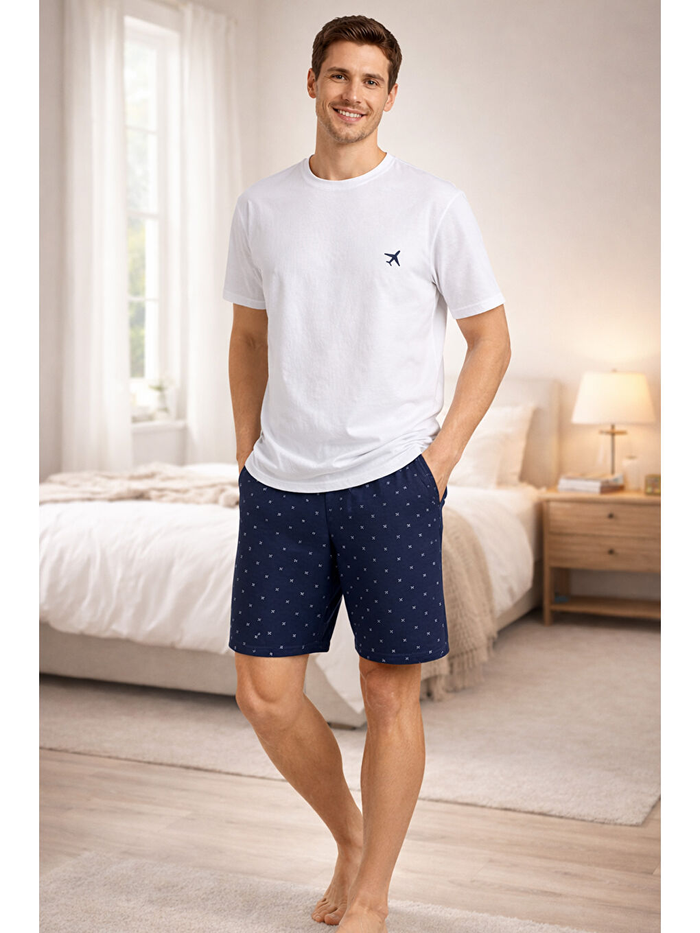 Mavi Erkek Pamuklu Baskılı Cepli Şortlu Pijama Takımı