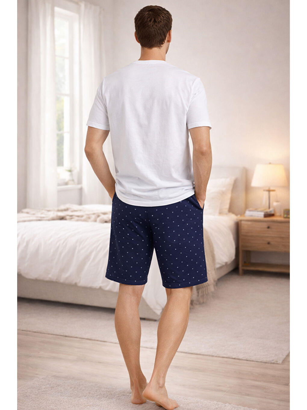 Mavi Erkek Pamuklu Baskılı Cepli Şortlu Pijama Takımı-1