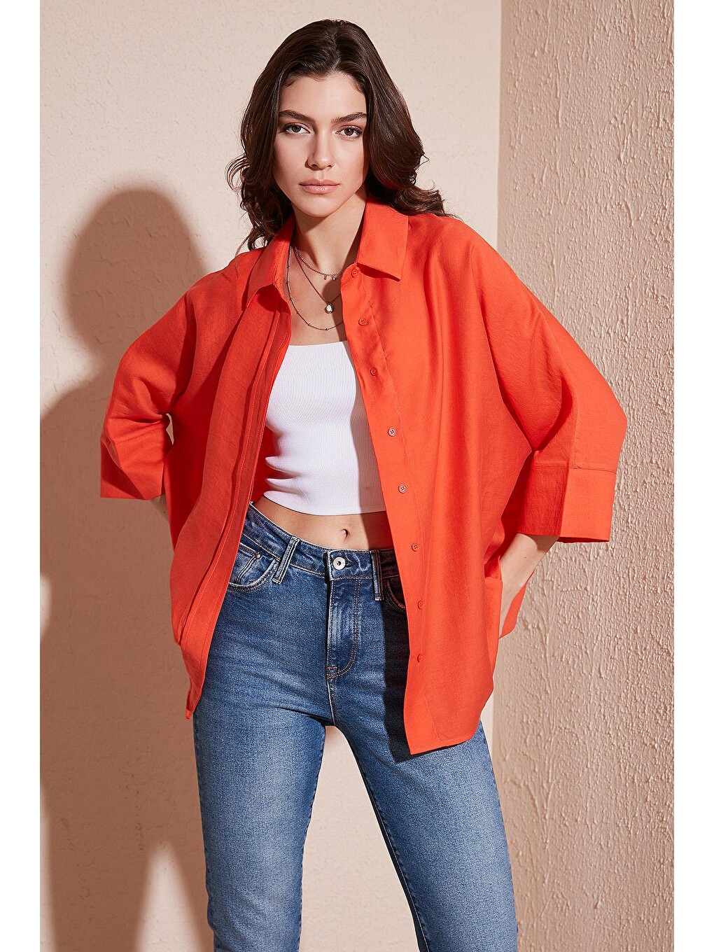 Turuncu Truvakar Kol Oversize Yazlık Kadın Gömlek 514344038-1