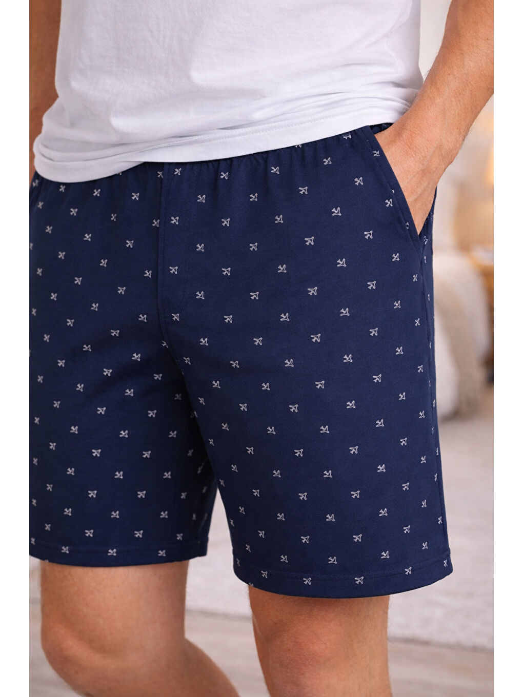 Mavi Erkek Pamuklu Baskılı Cepli Şortlu Pijama Takımı-3